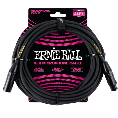 Ernie Ball kabel P06073 - 25FT(7,62m) BRAIDED XLR-M - XLR-F mikrofonski - crna boja